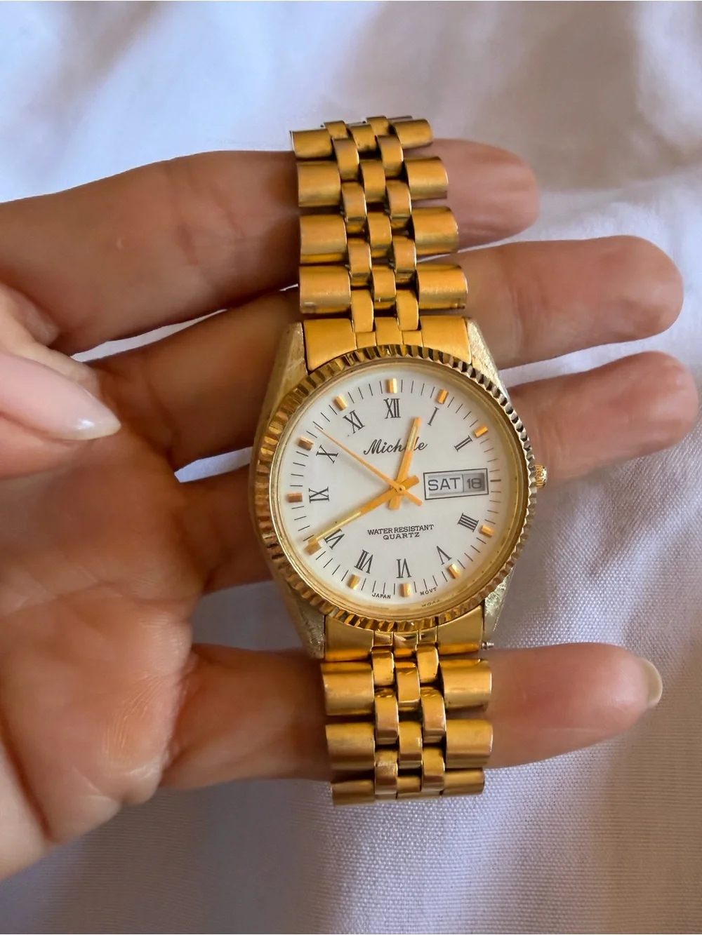 Vintage Michele 33mm Gold Tone Quartz Day Date Watch White Roman Dial - Picture 12 of 15
